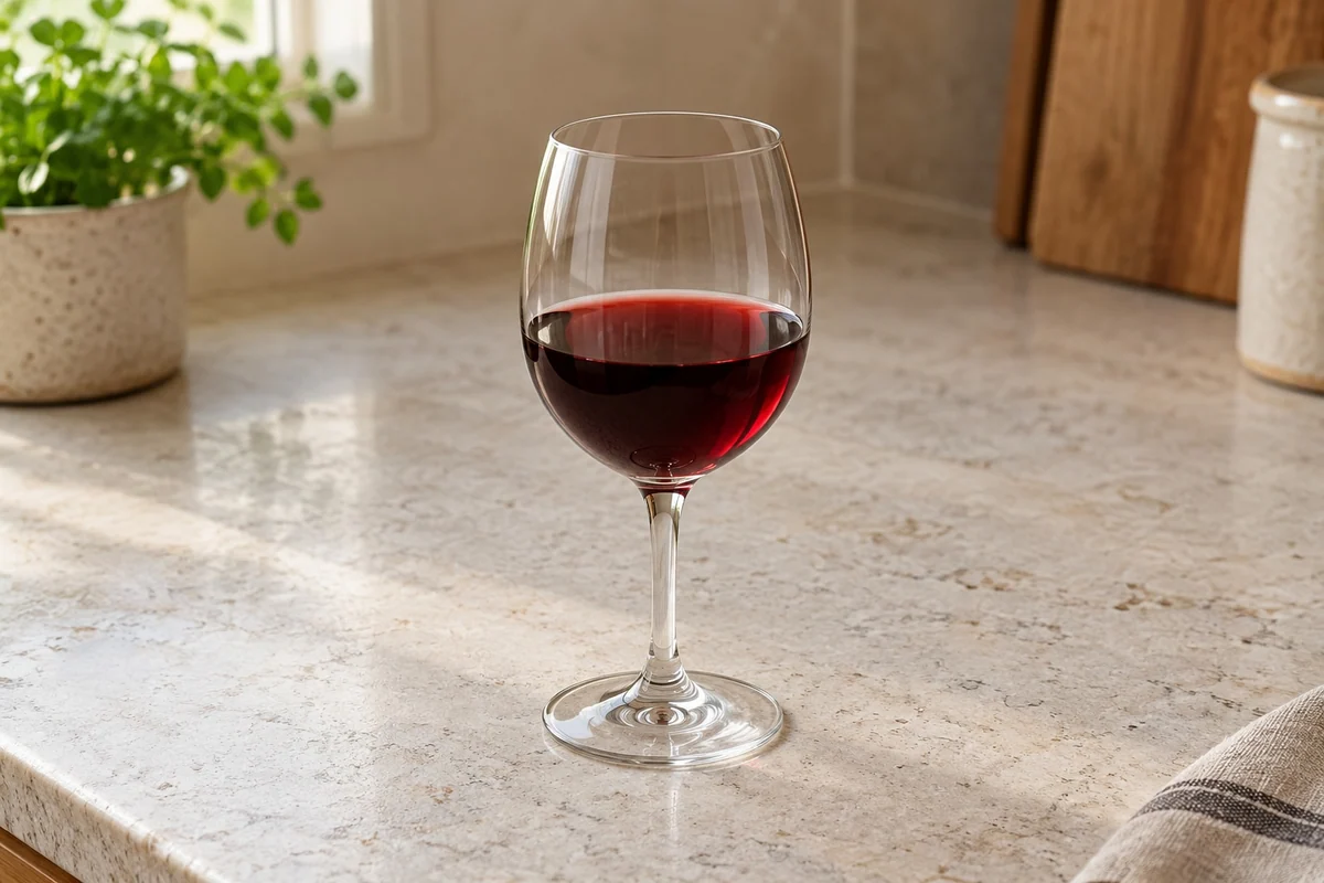 Ein einzelnes Glas mit einer kleinen Menge Rotwein auf der Küchenfläche
