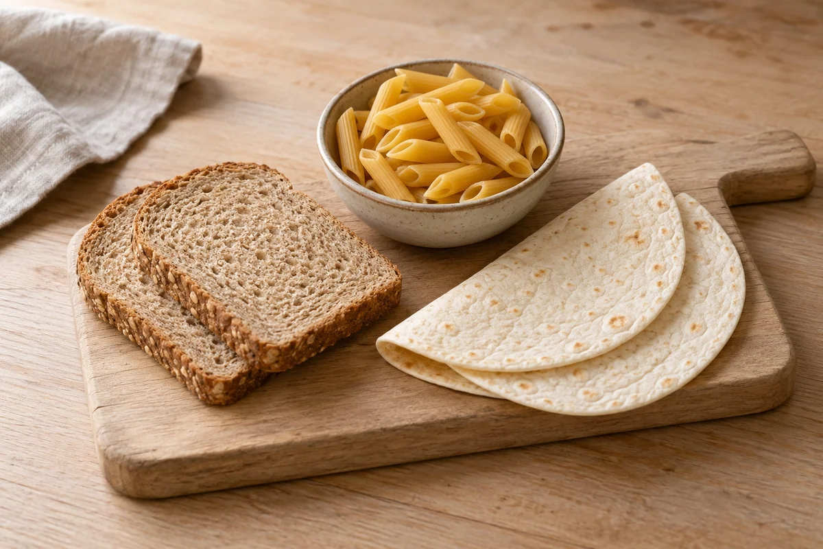 Brotscheiben, trockene Penne und ungefüllte Wraps auf einem Küchenbrett