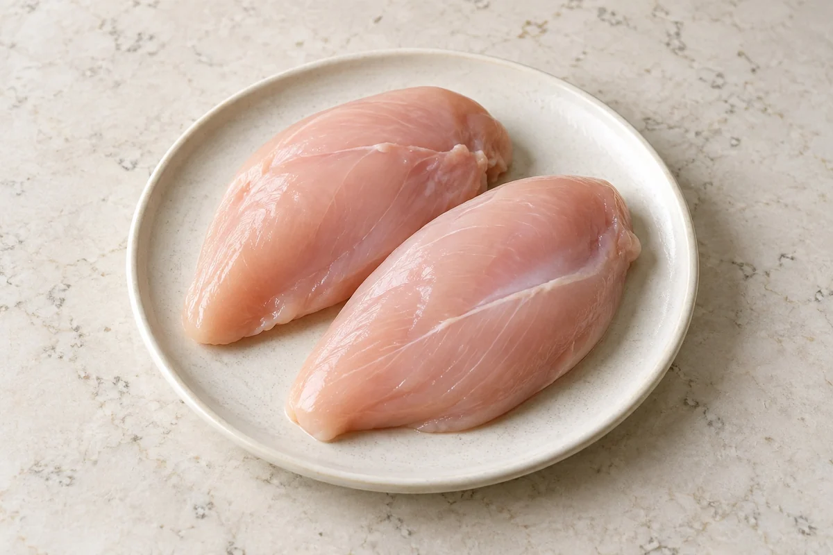 Zwei rohe Pouletbrustfilets auf einem schlichten Teller