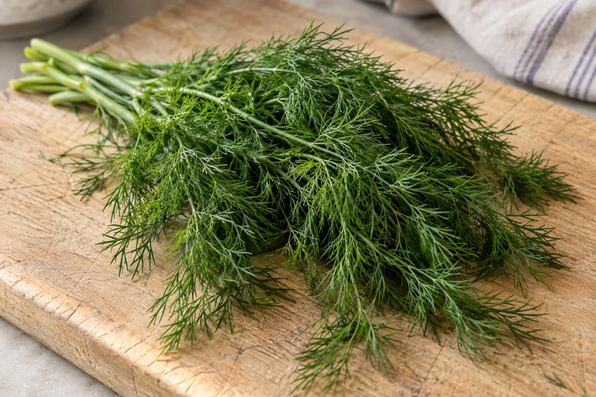Frischer Dill mit feinen grünen Blättern auf einem Holzbrett