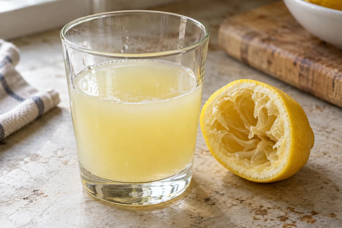Glas mit Zitronensaft neben einer ausgepressten Zitronenhälfte