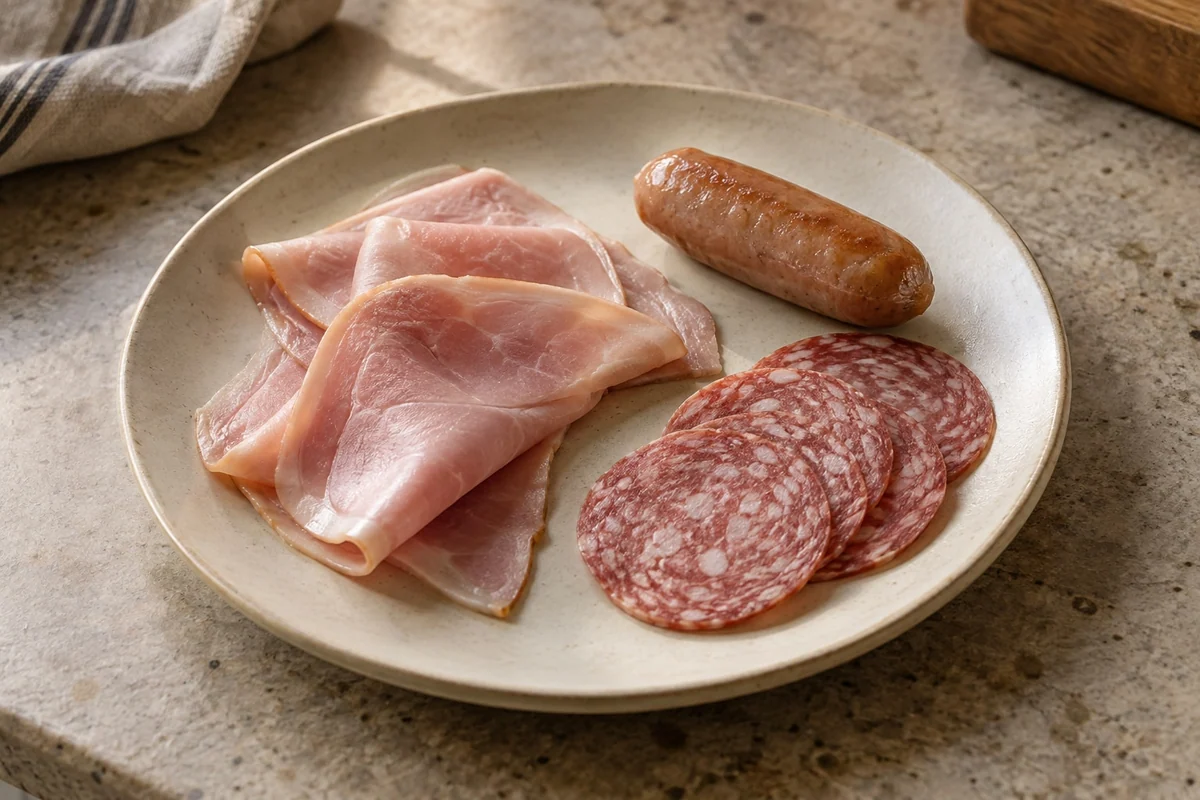 Kleine Auswahl aus Schinken, Salami und Wurst auf einem Teller