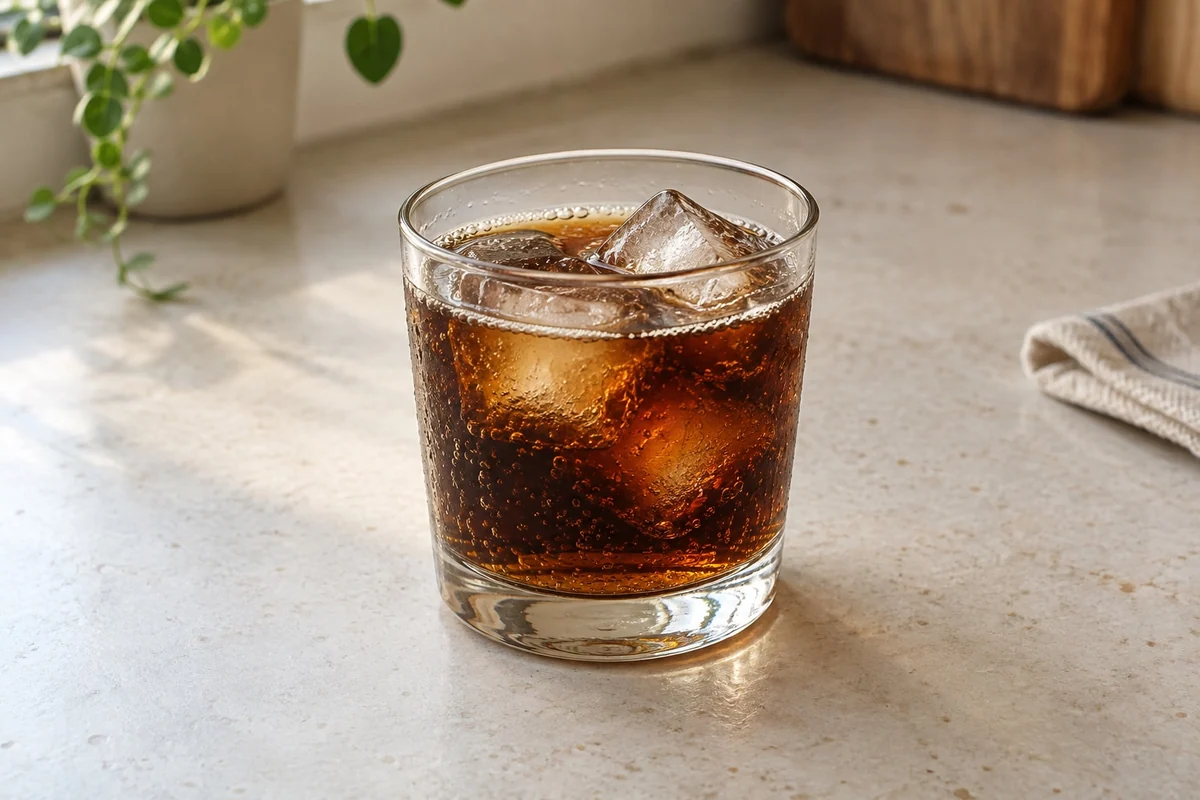 Ein neutrales Glas Cola mit Eis auf der Küchenfläche