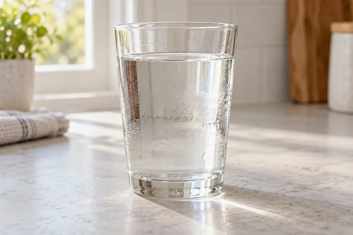 Ein klares Glas mit Wasser auf einer hellen Küchenfläche