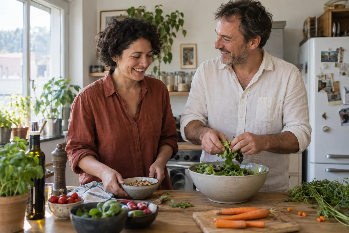 Zwei Menschen bereiten lachend gemeinsam eine Mahlzeit in ihrer Küche vor