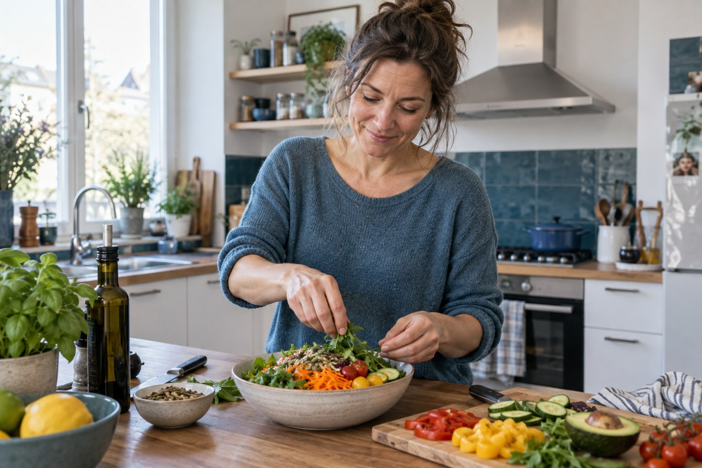 Eine Frau bereitet eine bunte Mahlzeit in ihrer Küche zu