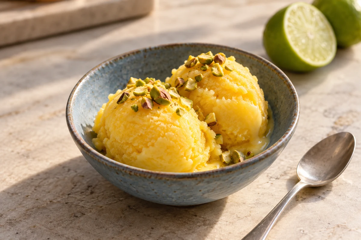 Mango-Limetten-Sorbet mit Pistazien