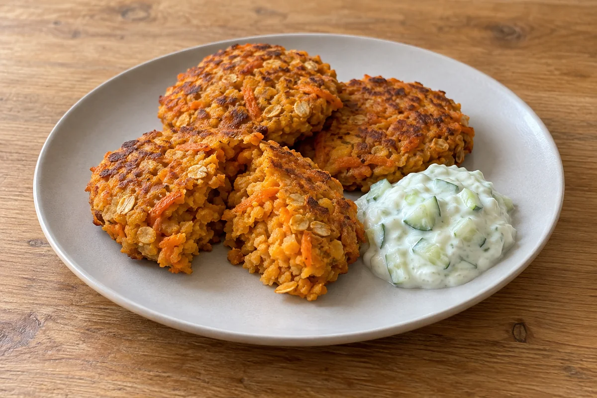 Karotten-Linsen-Bratlinge mit Gurkendip
