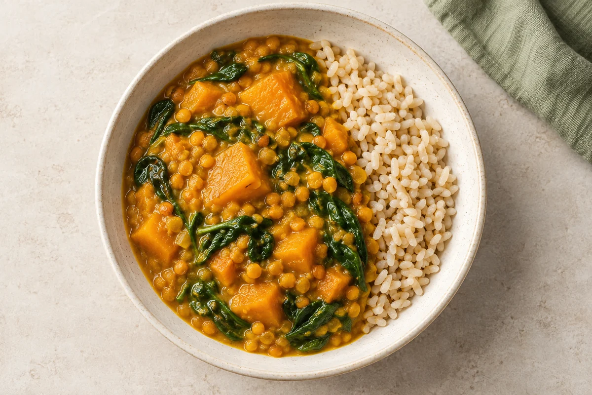 Kürbis-Linsen-Dal mit Naturreis