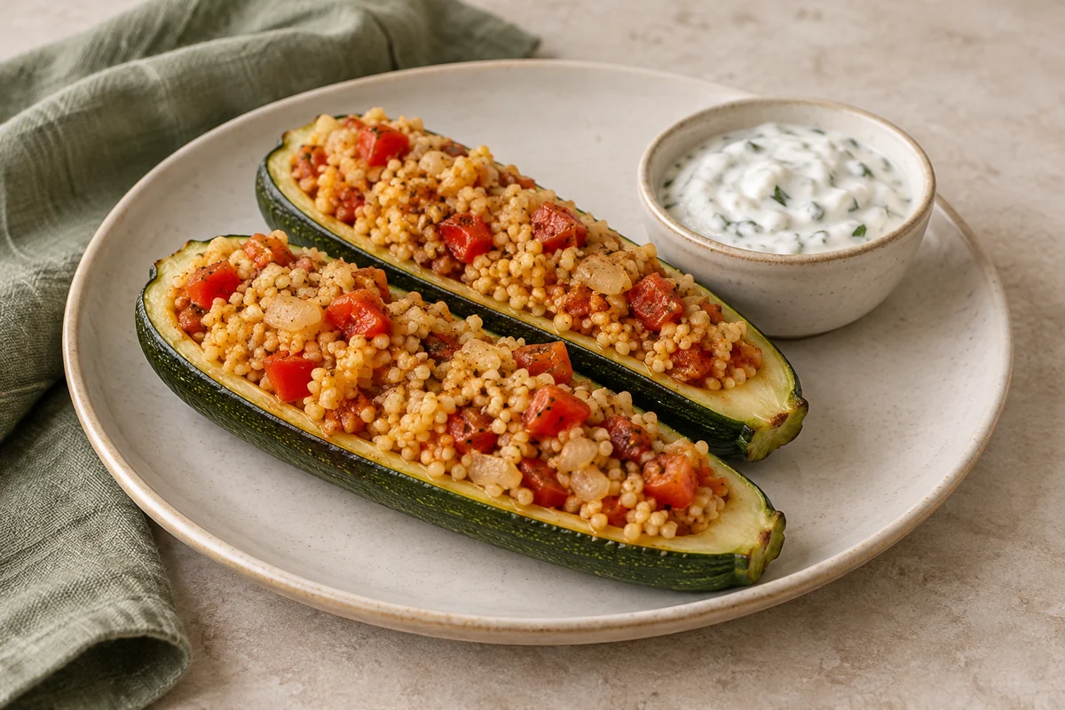 Gefüllte Zucchini mit Hirse und Kräuterquark