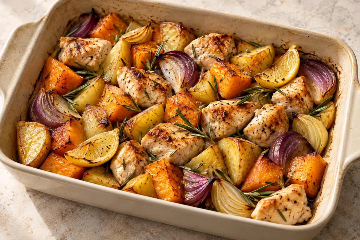 Poulet-Kürbis-Blech mit Rosmarinkartoffeln
