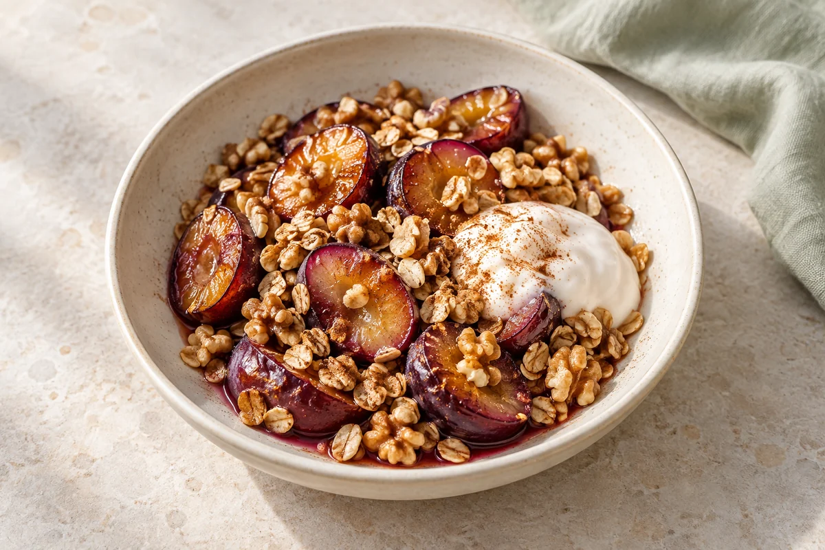 Warme Pflaumen mit Hafer-Nuss-Crunch