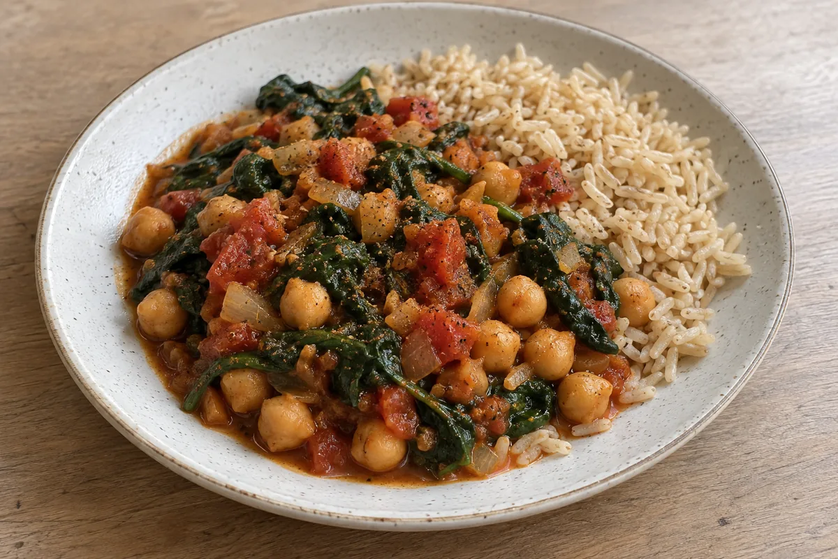 Kichererbsen-Spinat-Pfanne mit Naturreis